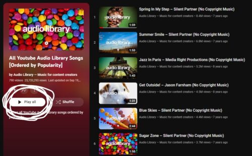 All Youtube Audio Library Songsのプレイリストの画面キャプチャ